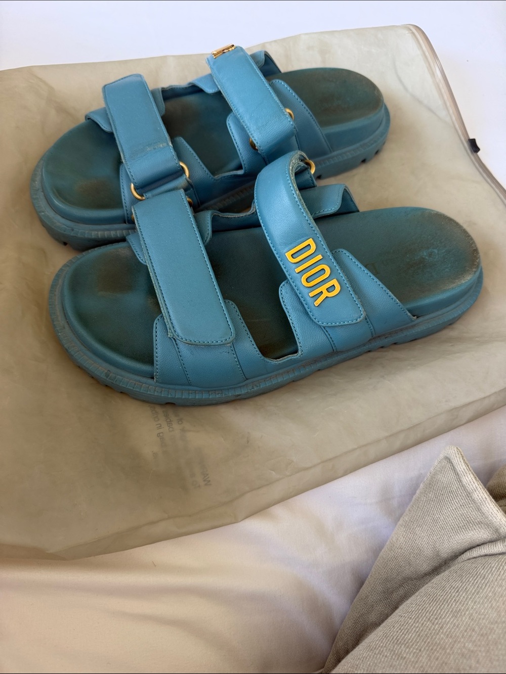Dior Kids Teal Double-Strap Sandals with Yellow Logo